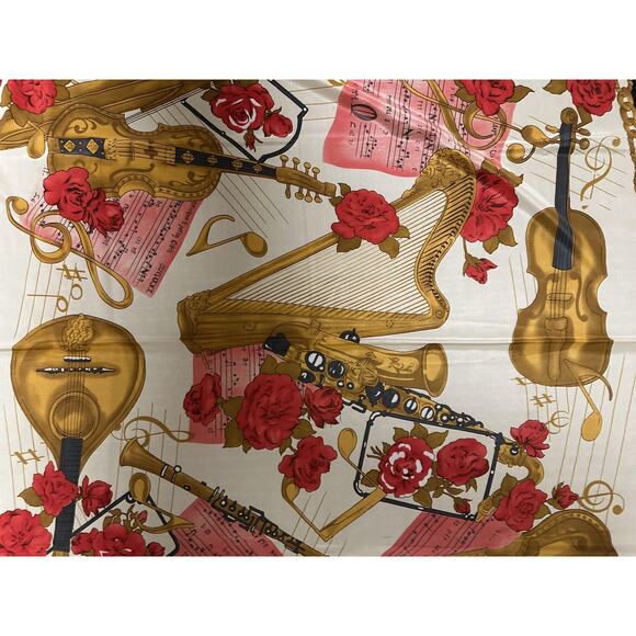 French Silk Square Scarf Womens Multicolor Floral Music Instrument Art 35" Paris - Picture 3 of 6